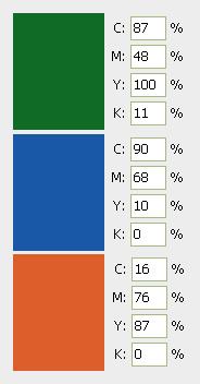 雙葉C：87%M：48%Y：100%K：11%、高塔C：90%M：68%Y：10%K：0%、圓形C：16%M：76%Y：87%K：0%