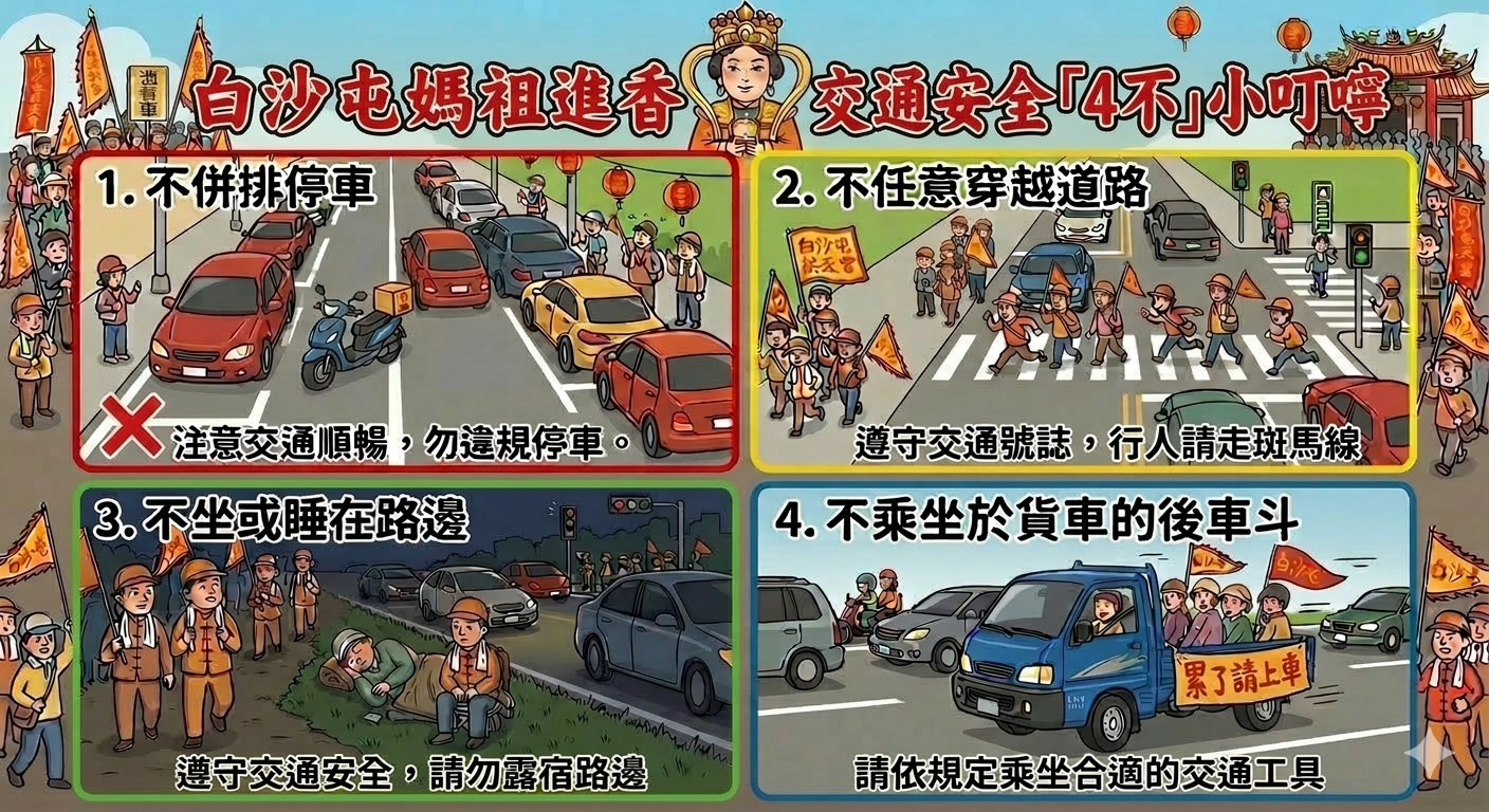 白沙屯媽祖進香盛事將至 苗警發布交通安全「4不」守則 守護香燈腳平安隨行