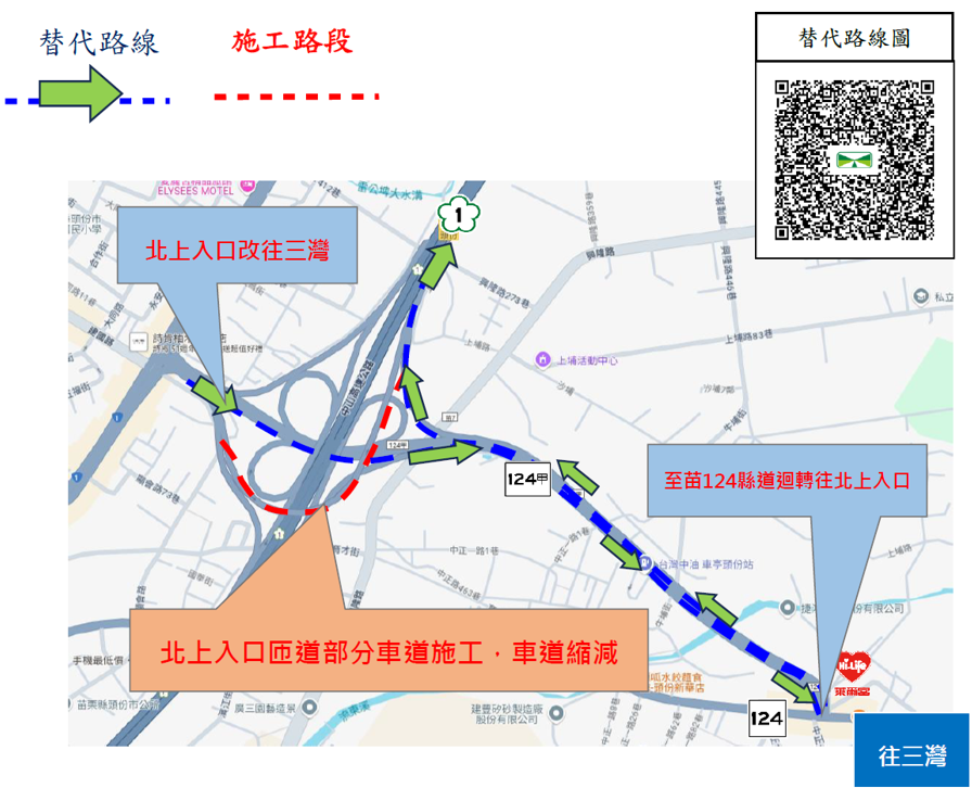 轉知：高公局中區養護工程分局於114年8月4日～8月8日辦理國道1號頭份交流道頭份方向北上入口匝道部分車道施工，車道寬度縮減，請用路人配合及注意