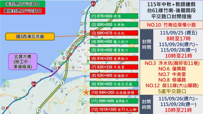 省1-115年中秋 教師連假台61封閉平交路口6處示意圖