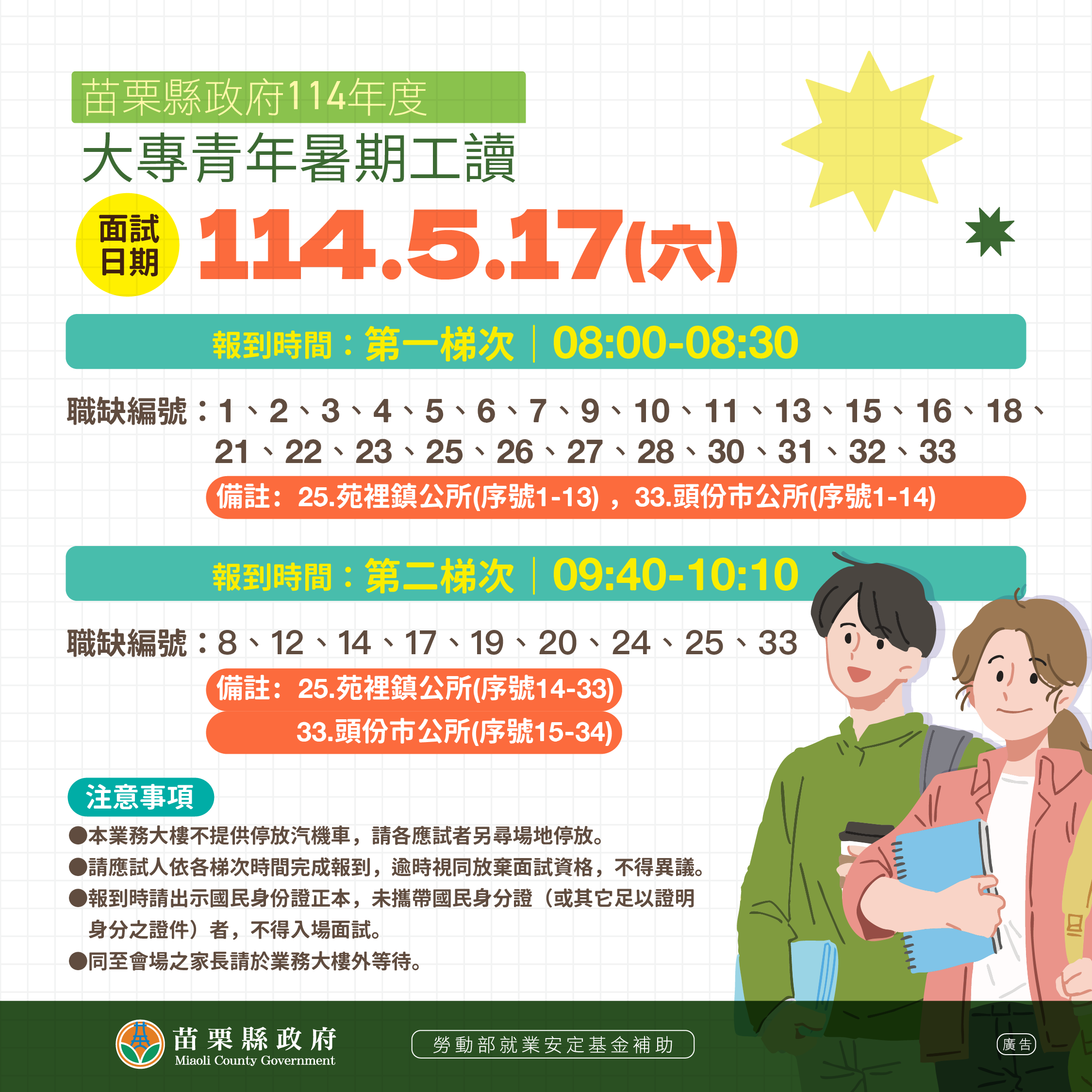 【公告】苗栗縣114年度大專青年學生公部門暑期工讀 初審合格名單