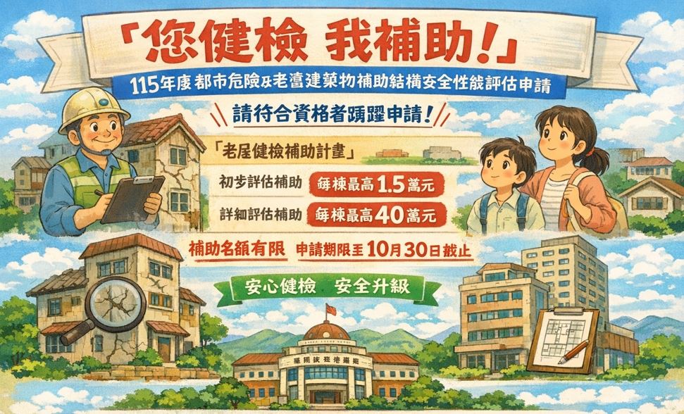 「您健檢，我補助！」公告受理115年度都市危險及老舊建築物補助結構安全性能評估申請，請符合資格者踴躍申請！