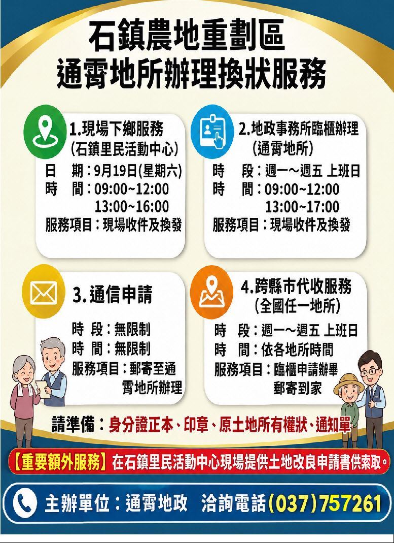 「石鎮農地重劃區換狀免奔波！通霄地政提供下鄉、臨櫃及郵寄等多元服務」，請多加利用。