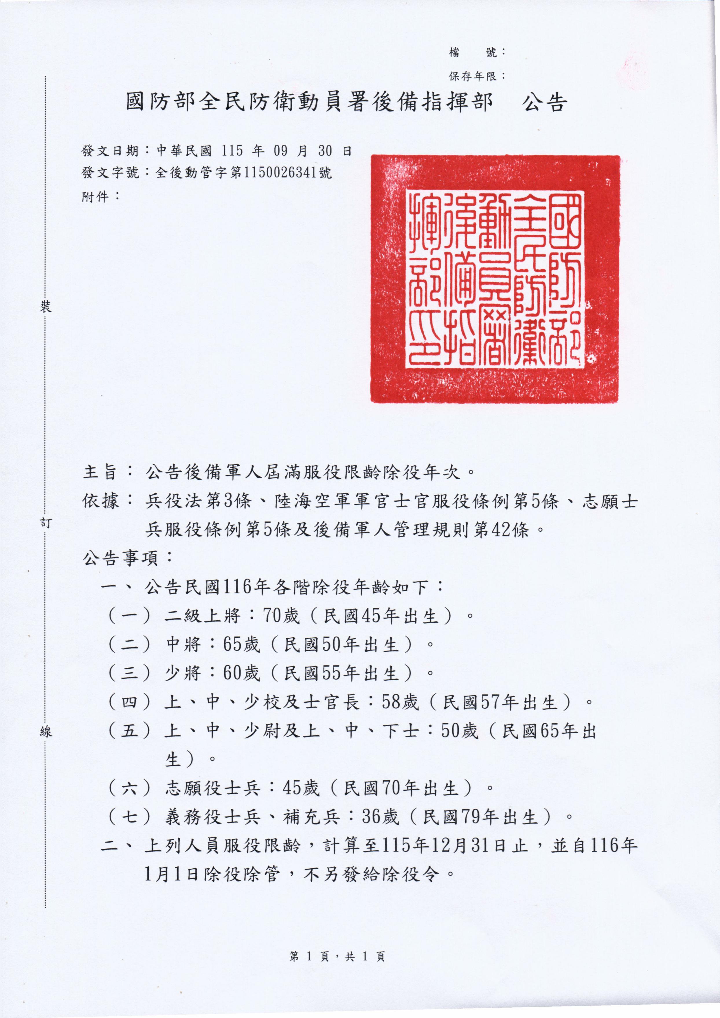 後備軍人屆滿服役限齡除役年次