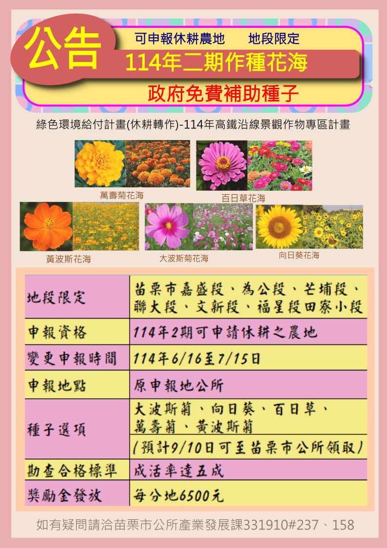 苗栗市114年2期作景觀作物專區宣傳單