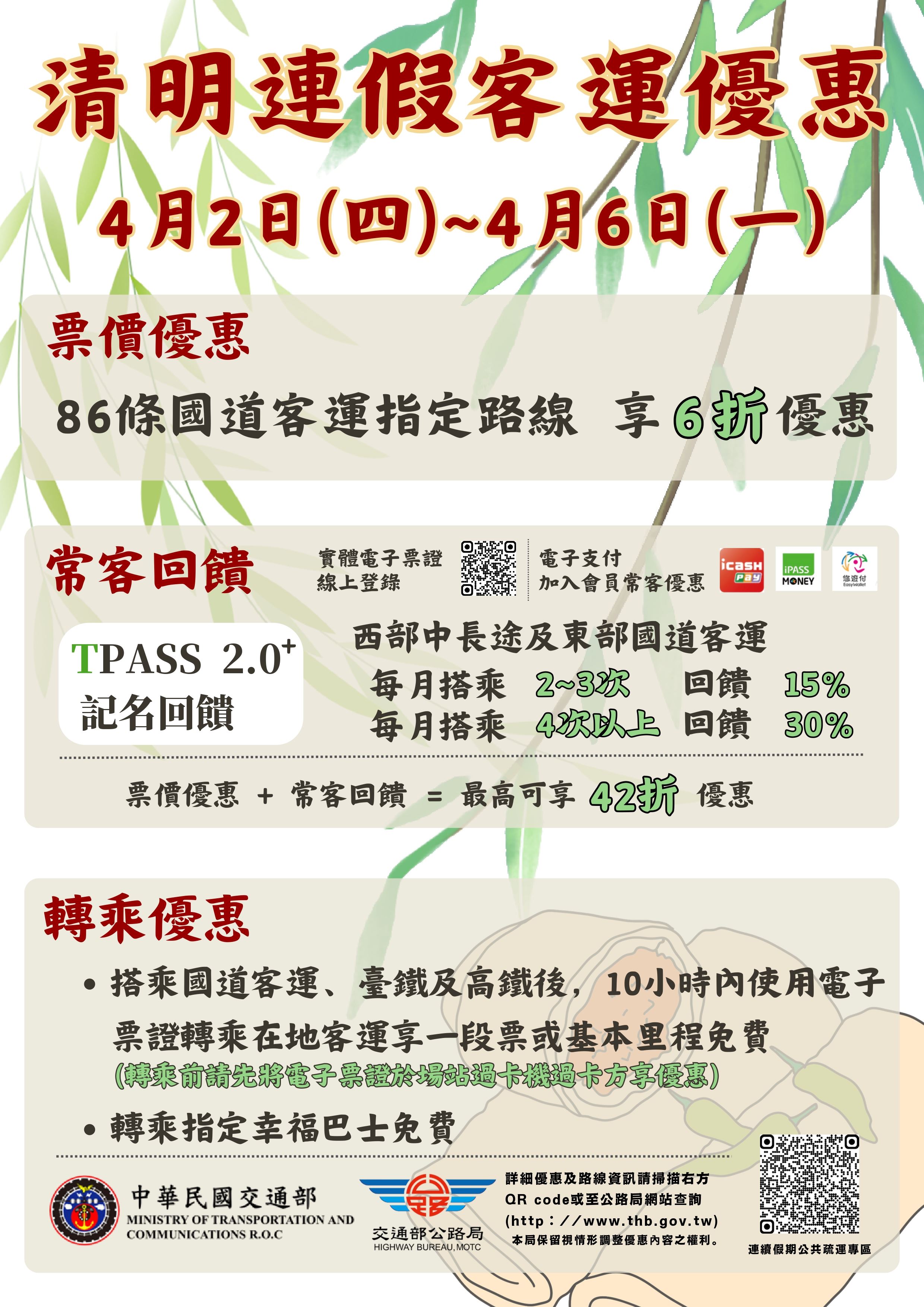 交通部公路局115年清明連續假期轉乘優惠措施