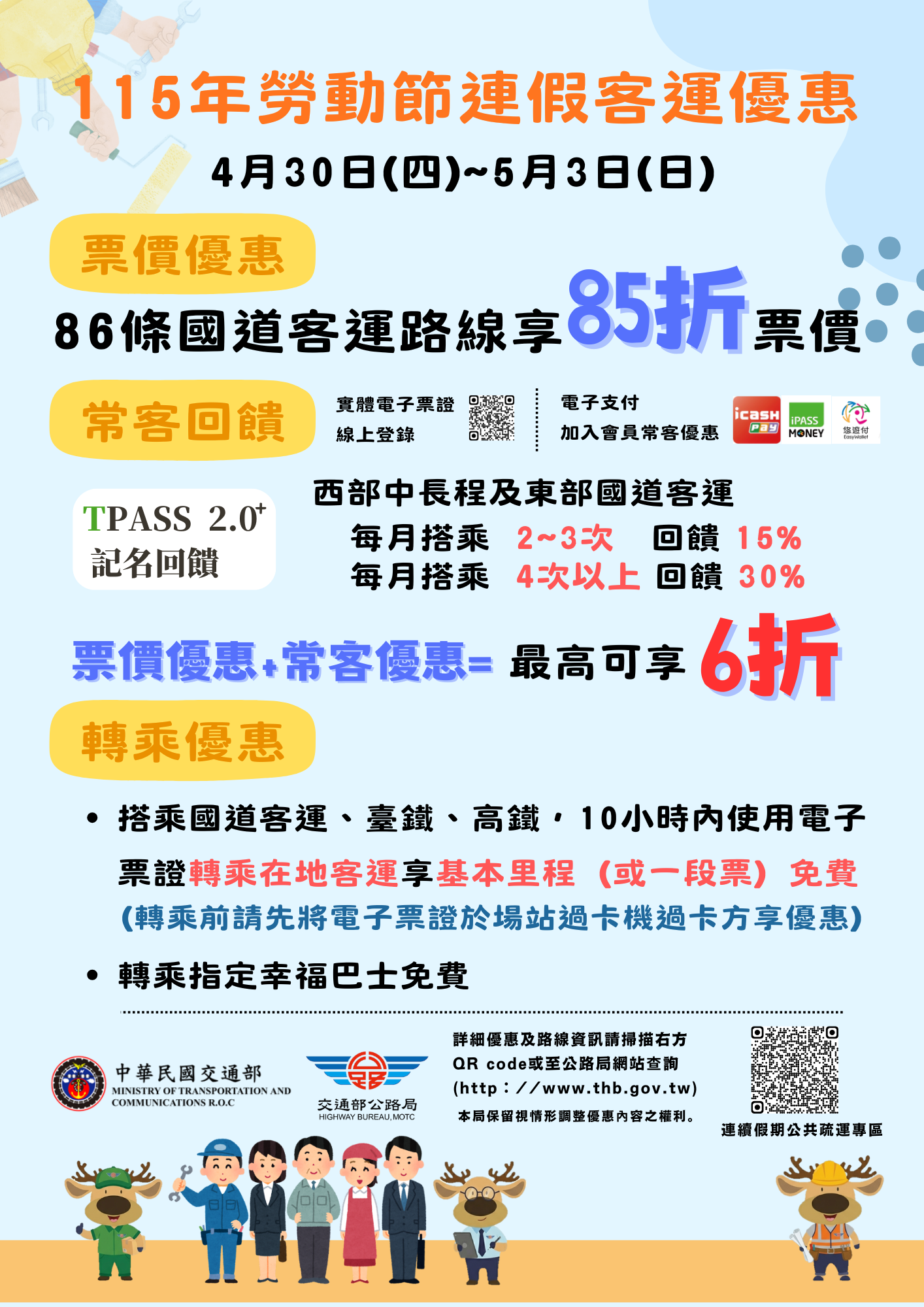 交通部公路局115年勞動節連續假期轉乘優惠措施
