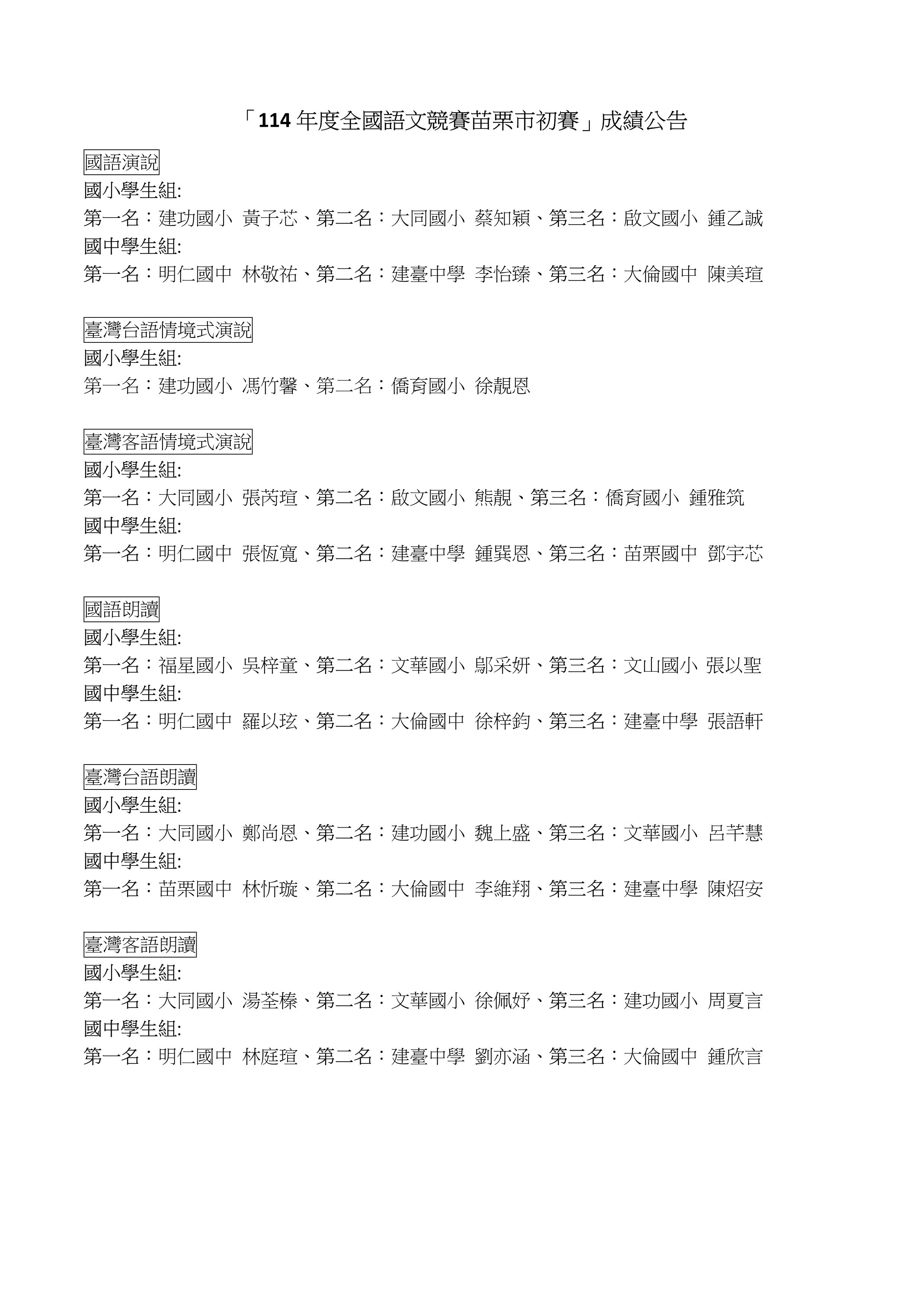 「114年度全國語文競賽苗栗市初賽」成績公告