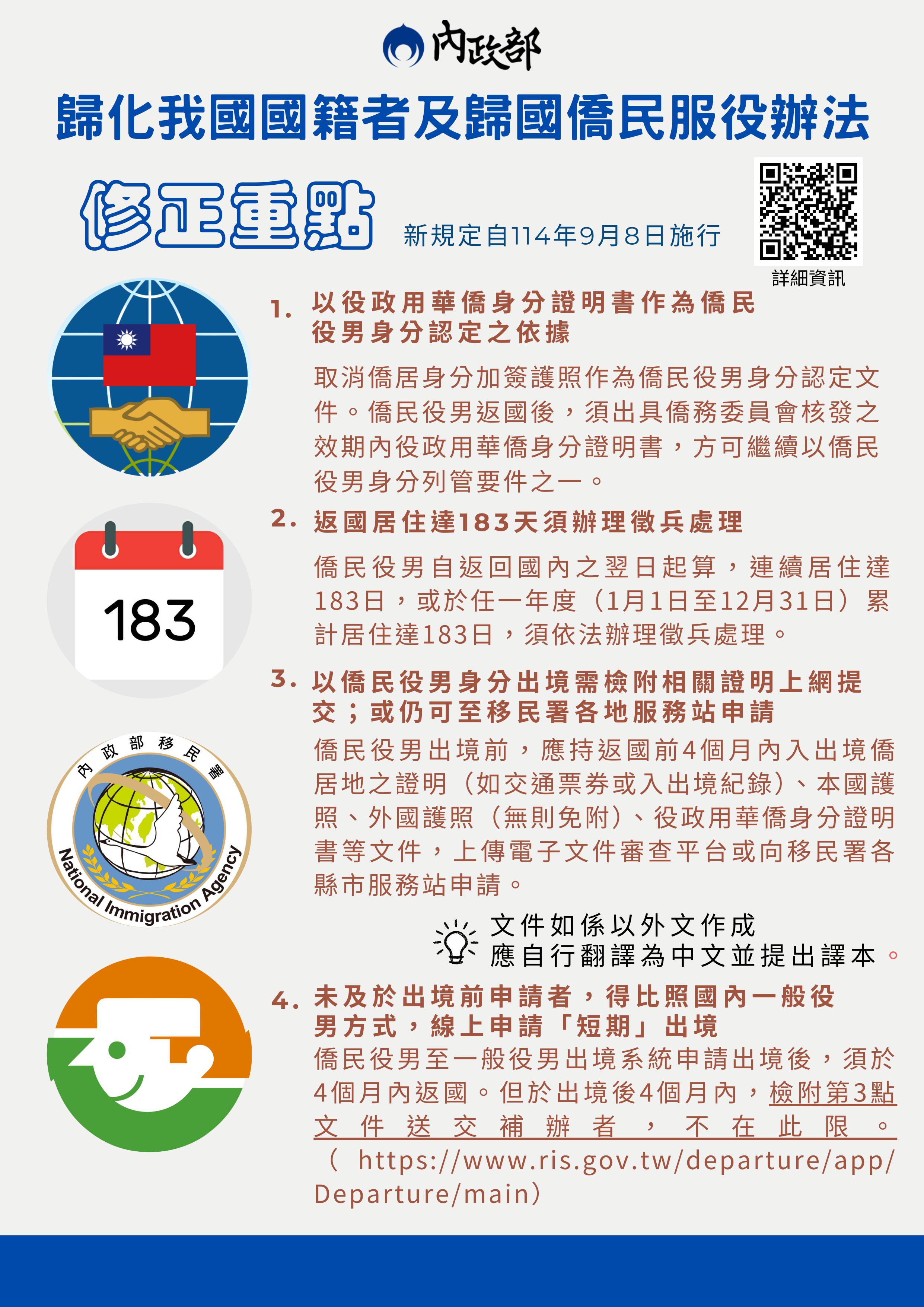 「歸化我國國籍者及歸國僑民服役辦法」修正重點暨僑民役男入出境宣導