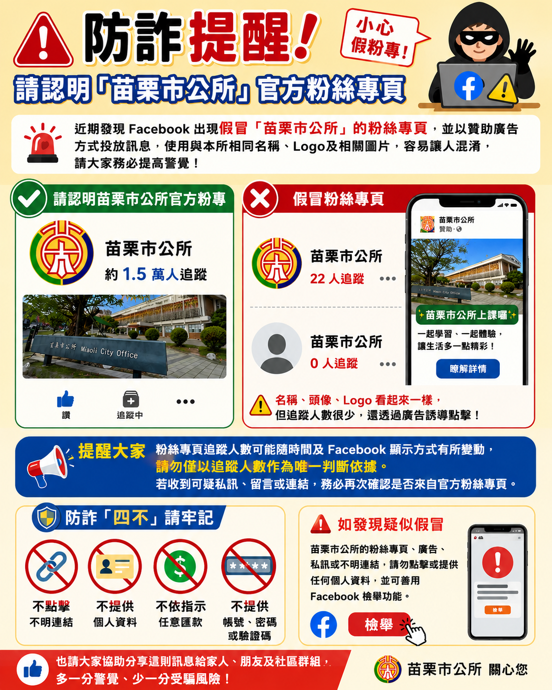 【防詐提醒｜請認明「苗栗市公所」官方粉絲專頁】