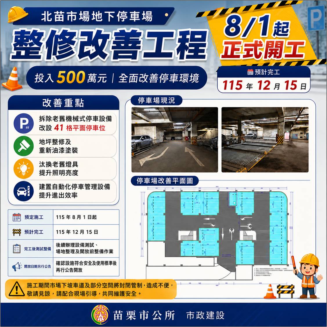 苗栗市北苗市場地下停車場8月1日起動工　市公所投入500萬元全面改善