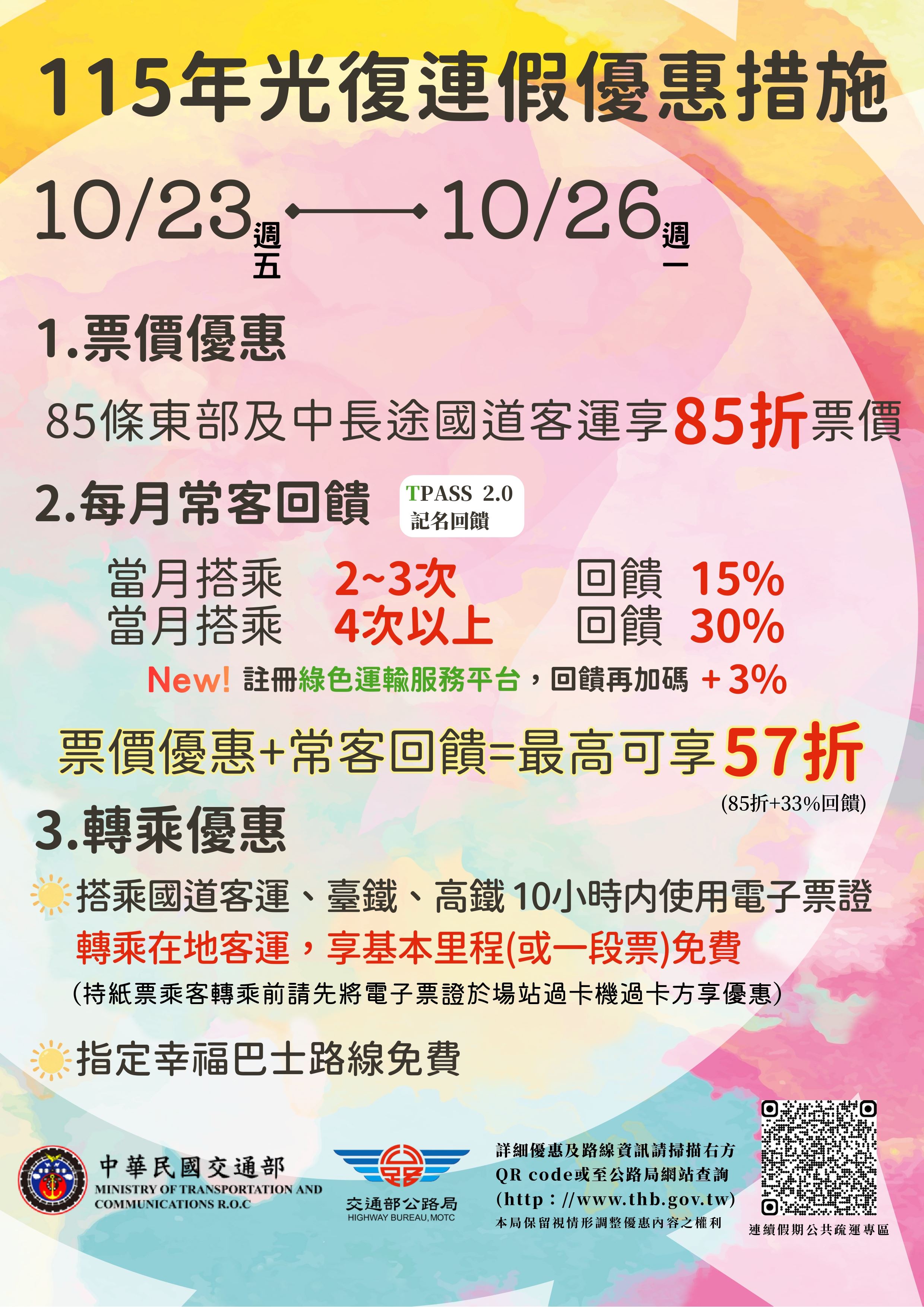 交通部公路局115年光復連續假期轉乘優惠措施