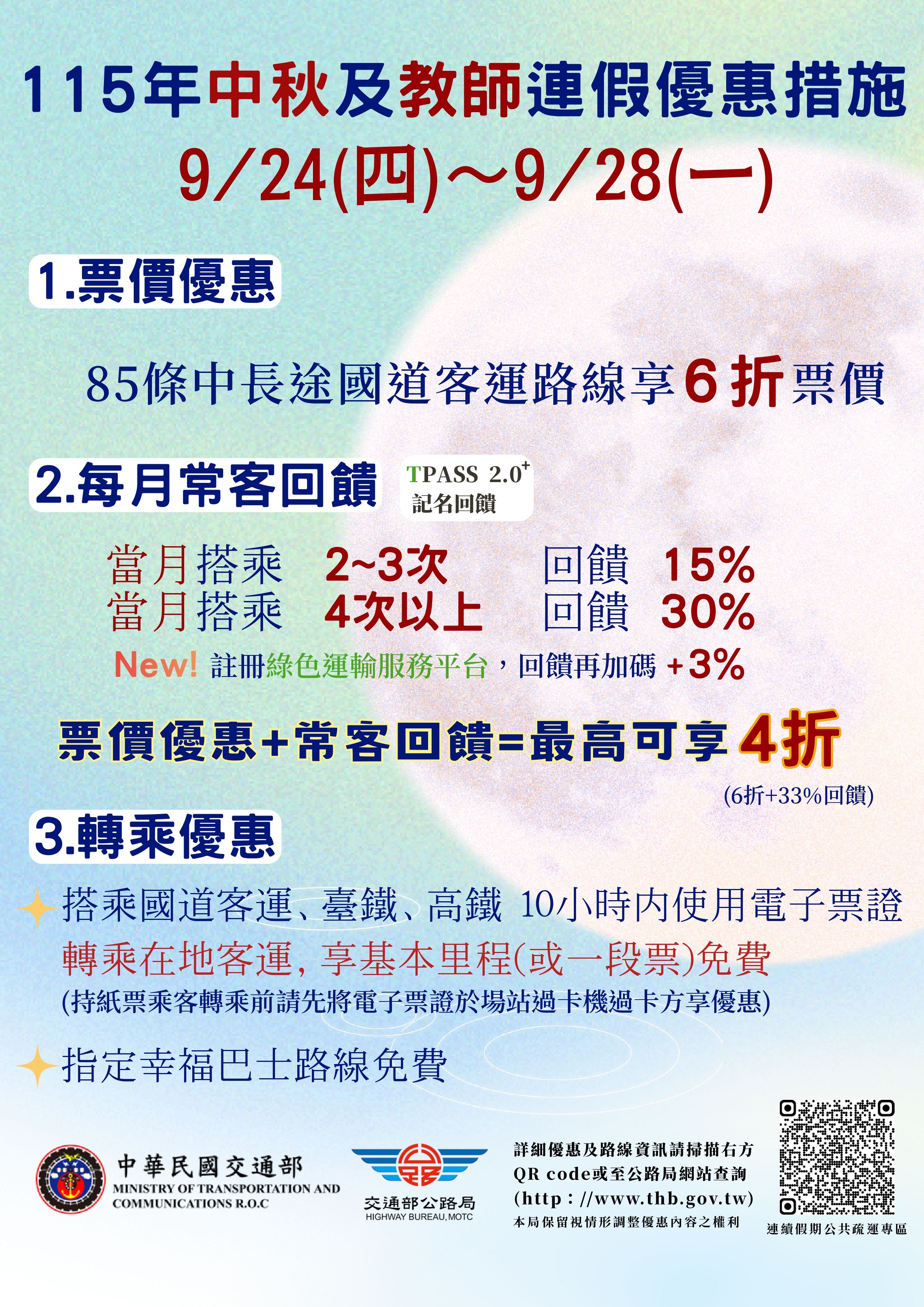 交通部公路局115年中秋節暨教師節連續假期公共運輸優惠措施