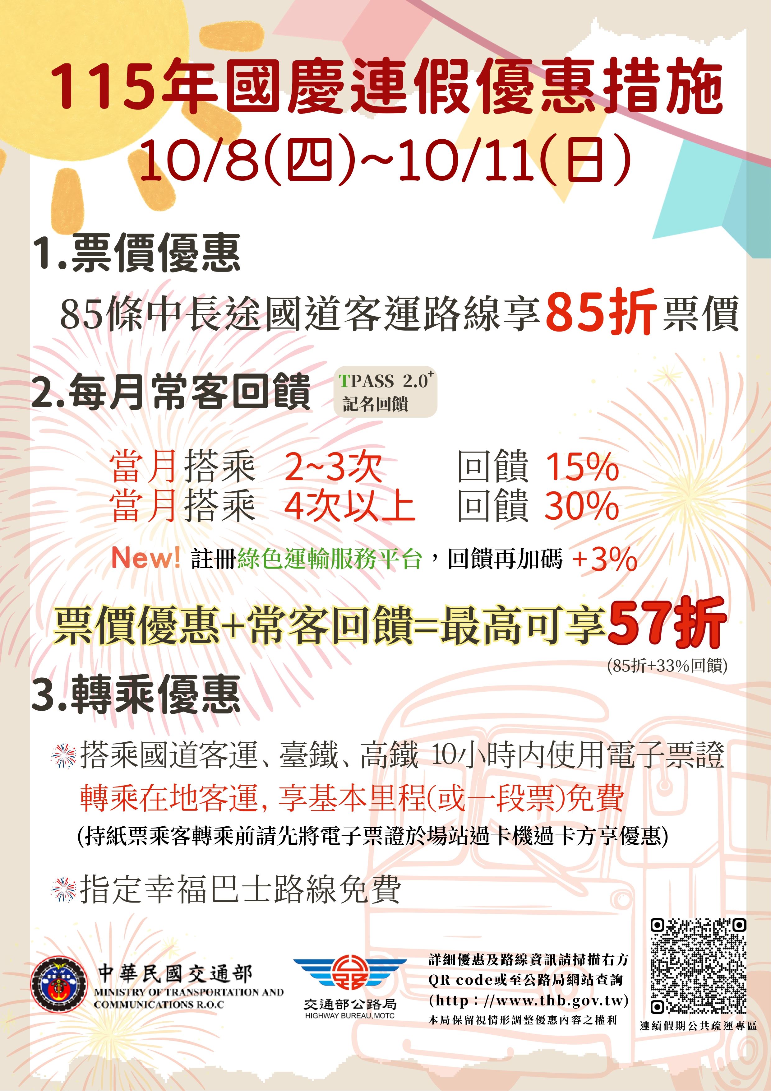 交通部公路局115年國慶日連續假期公共運輸優惠措施