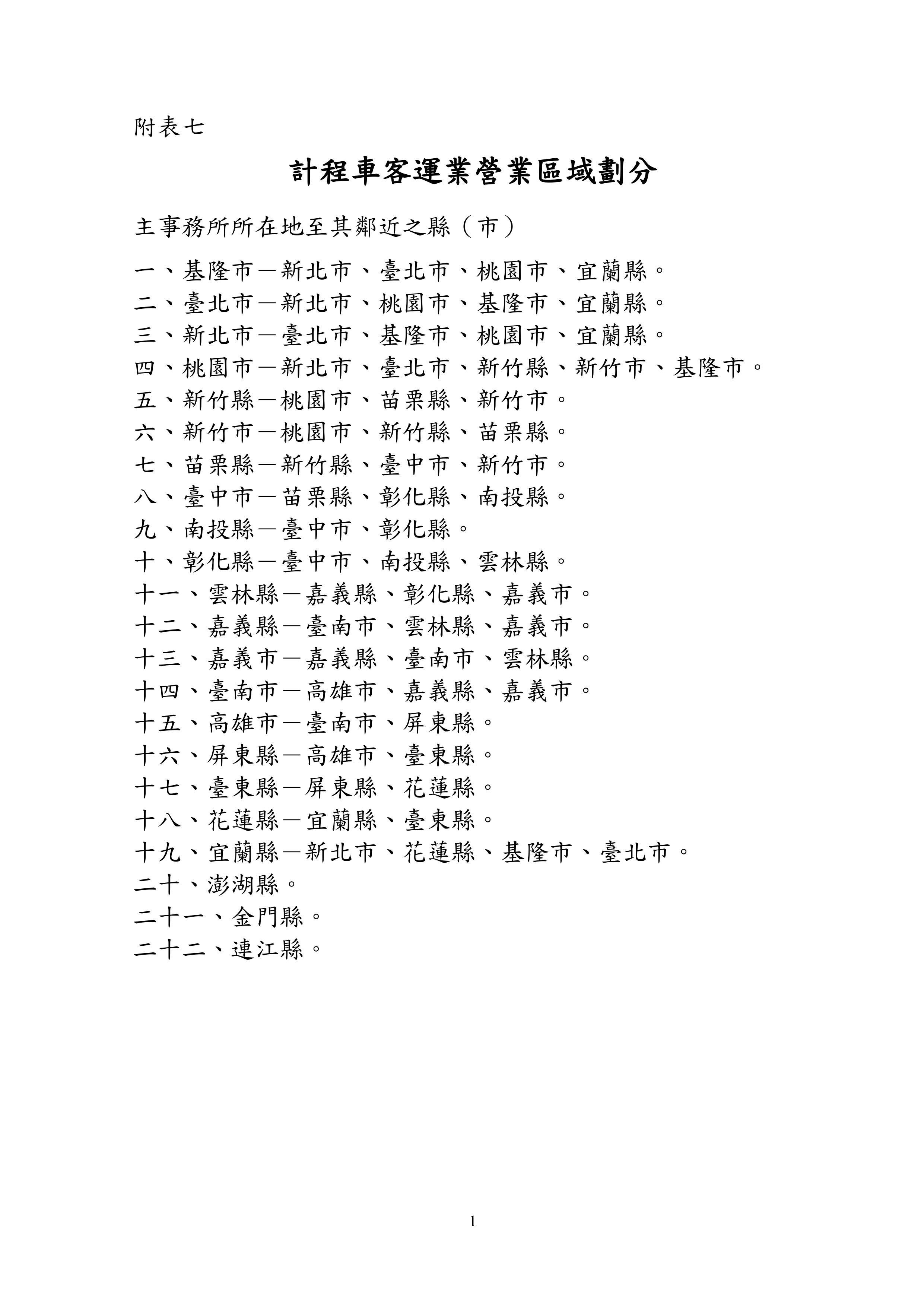 附表七計程車客運業營業區域劃分