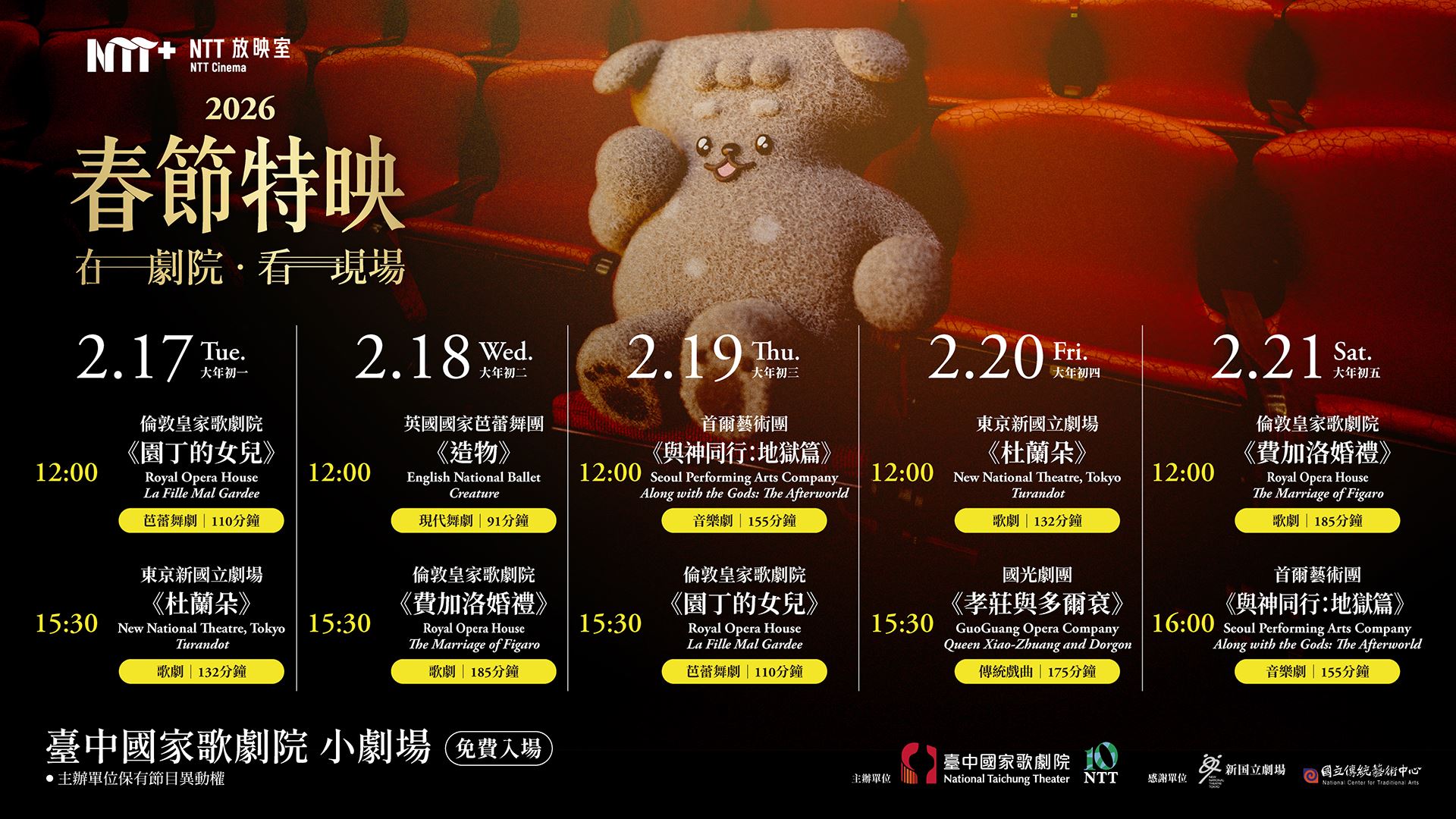國家表演藝術中心臺中國家歌劇院自2月17日至2月21日舉辦 「2026 NTT放映室」