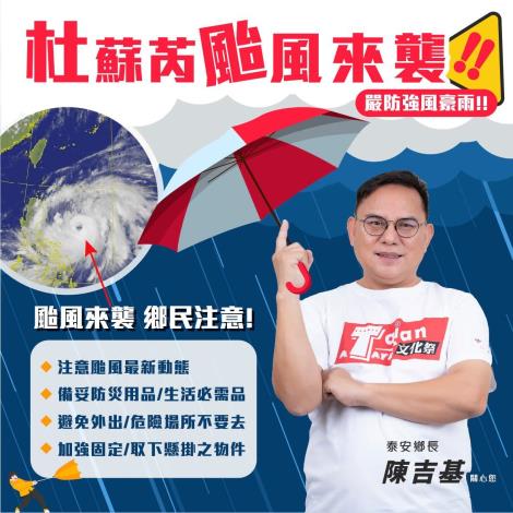 杜蘇芮颱風逼近! 請提早做好防颱準備工作。